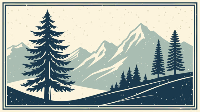 Mountain landscape with snowy peaks, evergreen pine trees and winding road in peaceful wilderness, illustrating nature, travel, adventure and scenic outdoor exploration