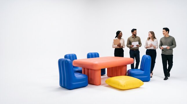 Startup team gathers around an inflatable boardroom table