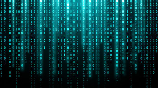 Digital binary code background with glowing cyan data stream and abstract computer matrix.