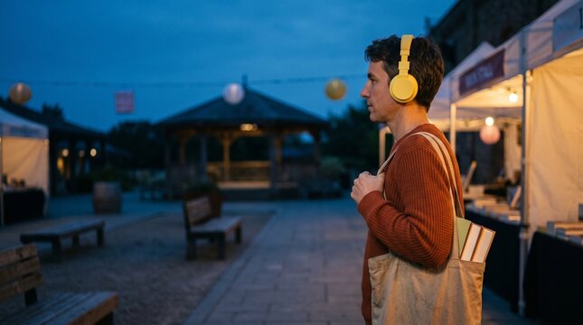 Reader leaves a silent disco book fair at dusk