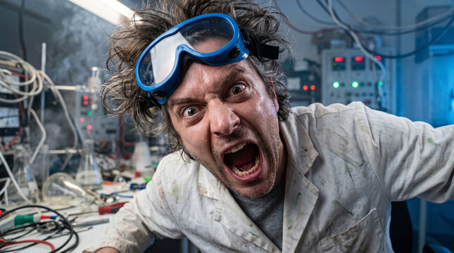 Crazy scientist screaming in a laboratory with safety goggles and white lab coat