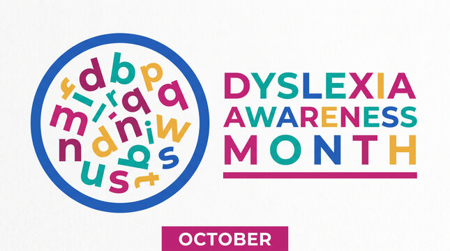Dyslexia awareness month graphic with colorful letters with Learning Disability Awareness filled scattered colorful featuring blue circle multi colored text Go Red Dyslexia
