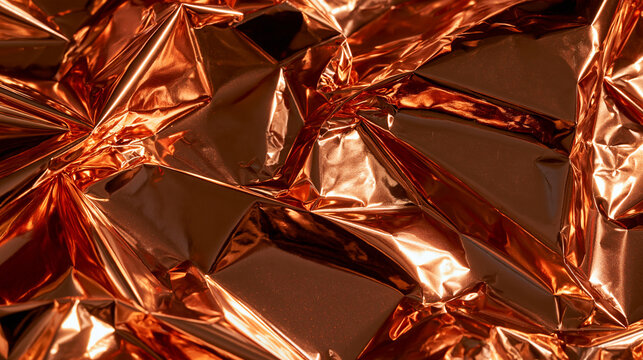 Shiny crumpled copper foil texture with metallic light reflections