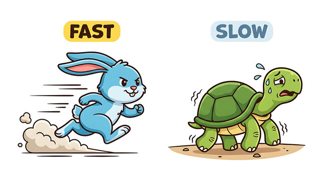 Fast rabbit running quickly and slow turtle walking with difficulty educational banner