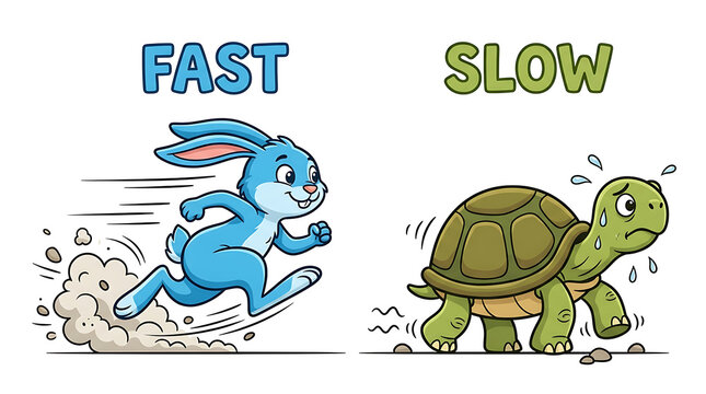 Fast and Slow Comparison Cartoon Rabbit Running Fast, Tortoise Moving Slowly