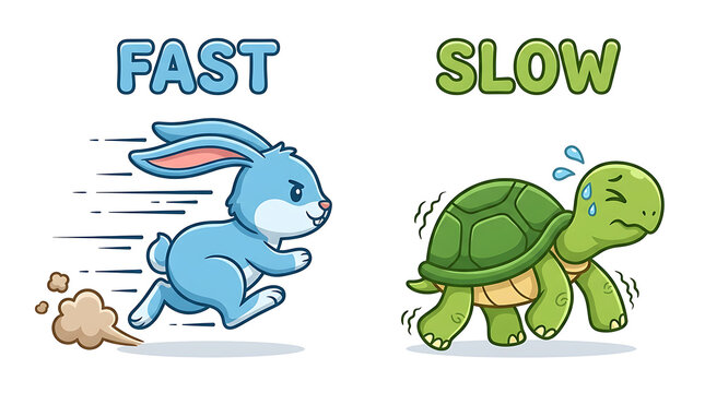 Educational flashcard illustration showing antonyms fast and slow with a rabbit and turtle