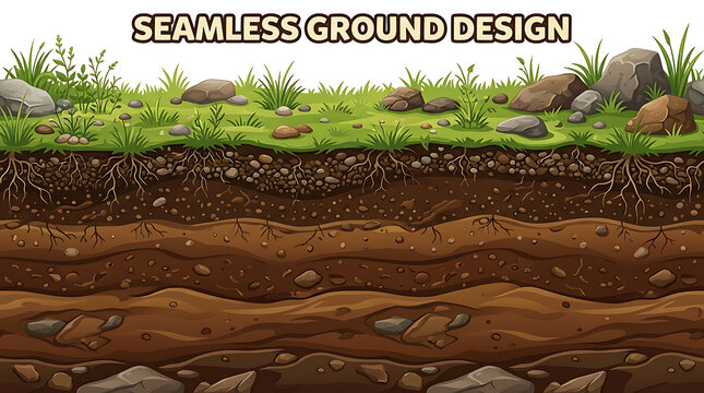 Seamless ground design with lush green grass over detailed underground soil layers for level maps