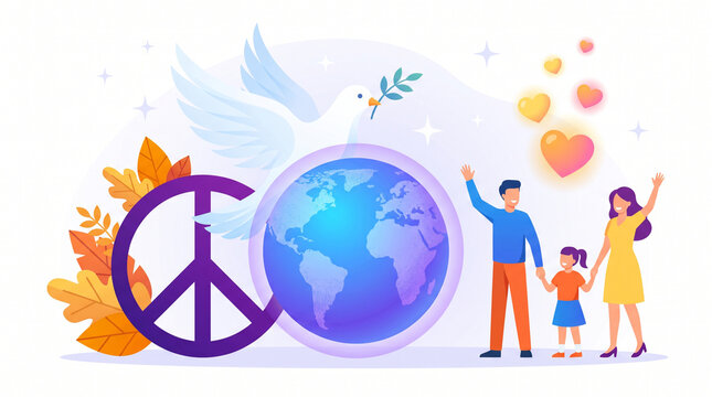 International Day of Non-Violence illustration showing a happy family standing next to a globe and a dove, representing peace, love, and unity for a better future world.