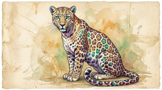 Snow leopard curled sitting pose thick purple lilac rosette spots pale green eyes, cream watercolor paper splattered ink washes visible fine brushstrokes. Fantasy wildlife art illustration theme