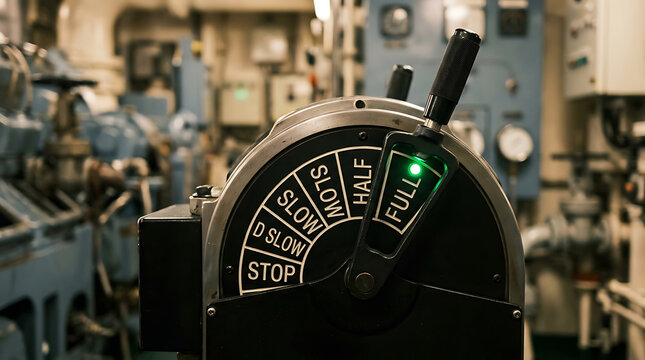 Engine telegraph control lever set to full speed ahead inside a ship engine room
