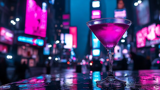 Pink martini glass on a wet city street at night.