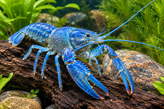 Blue clawed crayfish gripping driftwood in freshwater aquarium with vibrant lighting