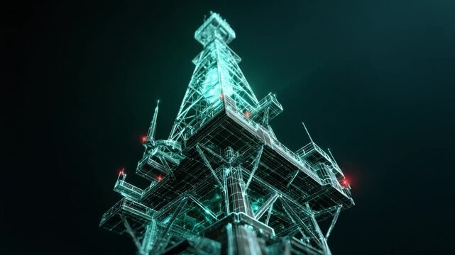 Abstract Oil Rig: A stark, stylized representation of an oil rig, rendered in a glowing turquoise wireframe against a dark, atmospheric background.