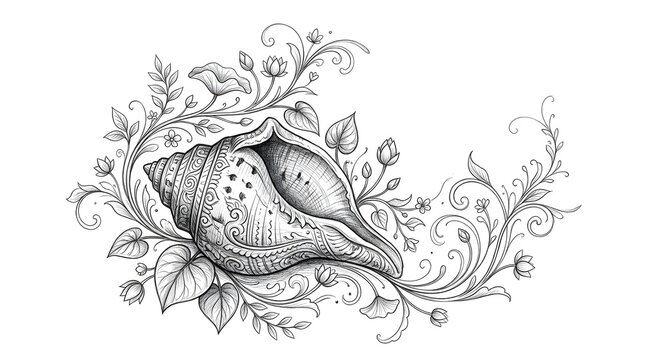 Beautiful seashell with floral vines and leaves hand drawn sketch