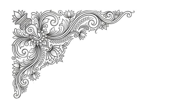 Decorative corner frame with traditional floral and leaf line art design