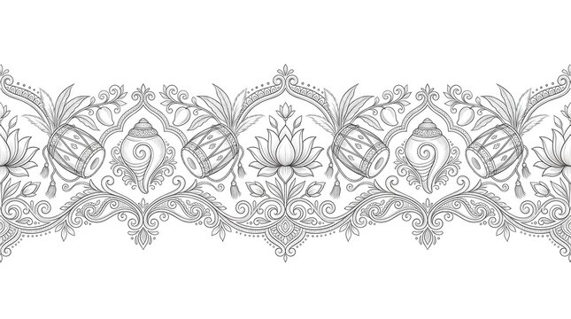 Decorative indian ethnic floral border line art with lotus and drums
