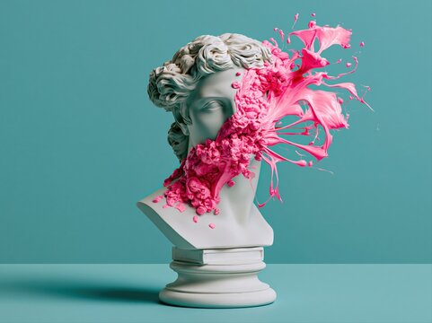 Classical bust exploding with vibrant pink liquid and abstract shapes