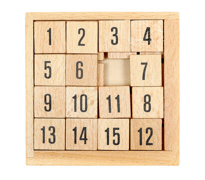  Vintage wooden 15 slide puzzle game with numbers isolated on white background, top view