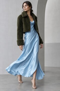 Elegant woman in long light-blue satin maxi dress paired with olive-green chunky knit jacket, posing confidently in minimalist indoor setting with neutral geometric background, stylish fashion and