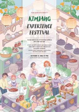 Kimjang Korean Kimchi Making Culture Template with Diverse People Pastel Vector Illustration