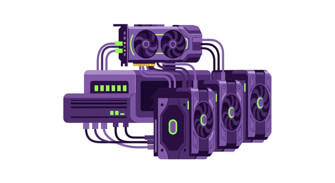 Cryptocurrency Mining Rig Illustration with Multiple GPU Graphics Cards for Blockchain Technology