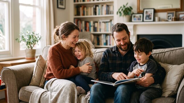 authentic family photograph family spending time together home natural interaction relaxed expressions soft daylight warm colors documentary family photography
