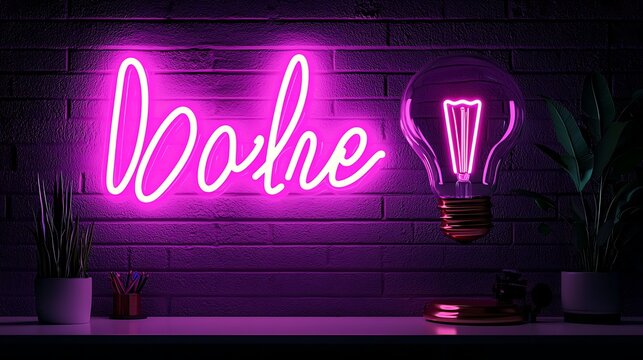 Pink neon script sign with glowing lightbulb on brick wall.