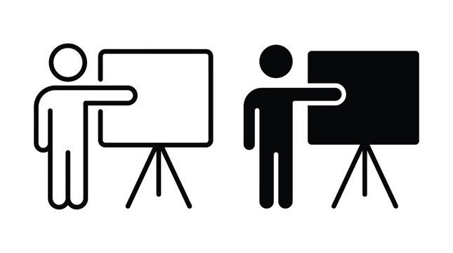 Teacher presentation icon vector illustration showing outline and solid style figures pointing at a flipchart board