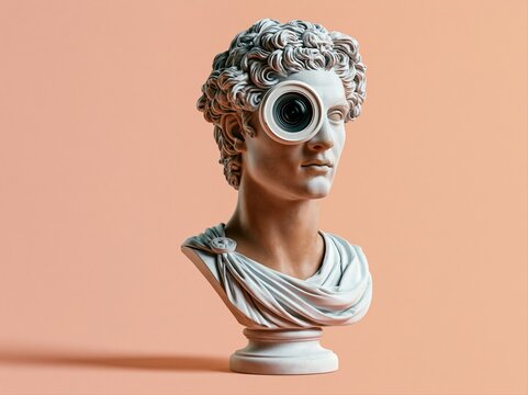Classical bust with a camera lens replacing one eye against a peach background