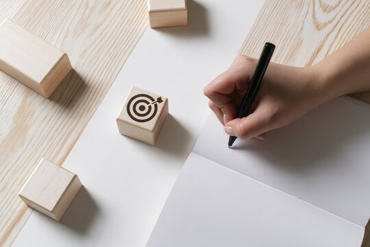 Hand Writing Business Goals and Strategic Plans in Notebook with Wooden Blocks on Desk
