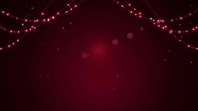 Glowing Red String Lights Hanging on Dark Red Stars Loop Background