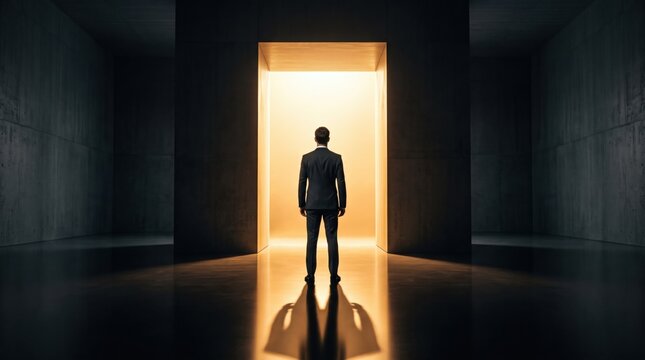 Businessman in a suit standing in front of a glowing rectangular portal in a dark concrete room