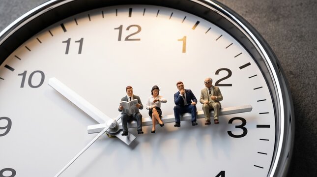 Miniature business people sitting on the hands of a large analog clock