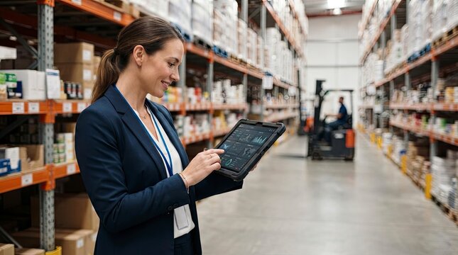 Professional Female Logistics Manager Using Digital Tablet to Monitor Inventory Data in Warehouse