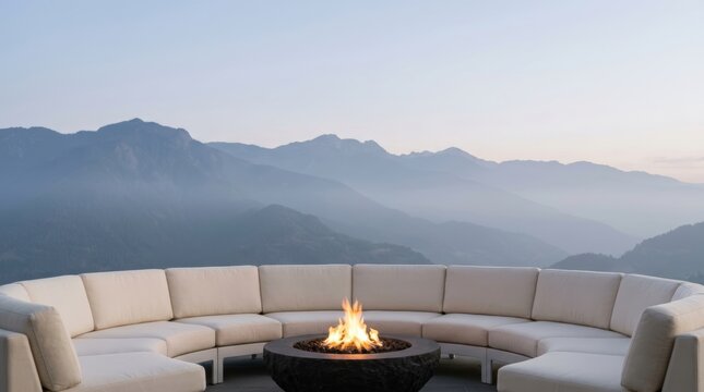 Curved cream outdoor sectional sofa around a stone fire pit with a panoramic misty mountain range backdrop. Luxury outdoor living and fire pit lounge