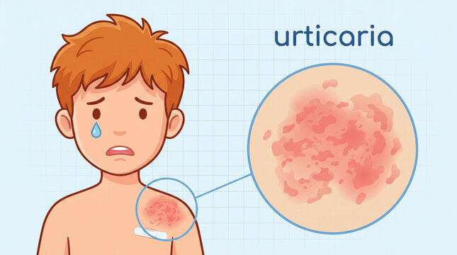 Child with urticaria rash illustration with child experiences distress due urticaria World Urticaria Day October 1 shown close up raised Chronic Spontaneous Urticaria Skin Rash