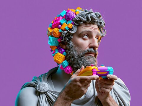 Classical statue head adorned with colorful toy blocks and holding a game controller