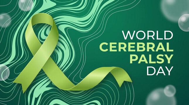 World Cerebral Palsy Day design with a green ribbon and abstract fluid lines, celebrating neurodiversity and advocating for accessibility and rights for all individuals.