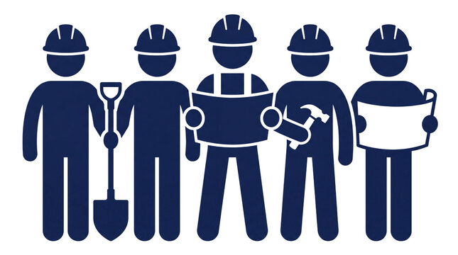Construction worker team silhouettes, industrial crew with hard hats and tools, professional building site staff icons