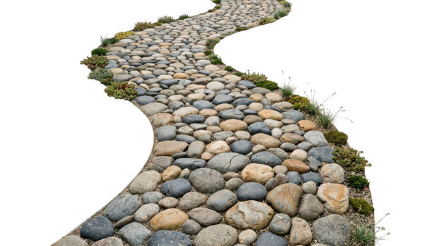 Winding garden path made of smooth river stones isolated on transparent background