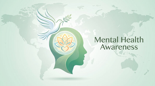 Mental health awareness illustration with silhouette head and dove symbolizing global support with stylized illustration highlights silhouette glowing brain awareness using human