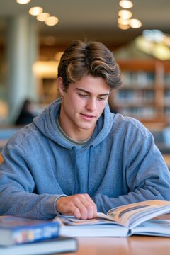 Young man reads quietly in a library