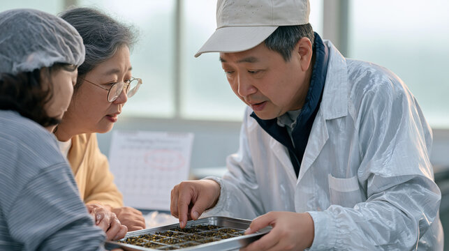 silk farming worker testing a new reeling tension method, a production calendar with a Thanksgiving turkey roasting deadline circled in red, rain soaked sericulture facility