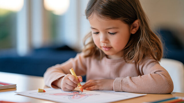 Close up of a broken crayon held in tiny fingers over a half colored butterfly outline, the snapped waxy tip resting beside the paper, shallow depth of field keeping the child's