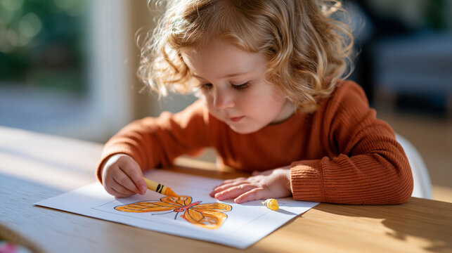 Close up of a broken crayon held in tiny fingers over a half colored butterfly outline, the snapped waxy tip resting beside the paper, shallow depth of field keeping the child's