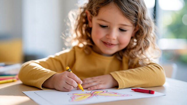 Close up of a broken crayon held in tiny fingers over a half colored butterfly outline, the snapped waxy tip resting beside the paper, shallow depth of field keeping the child's