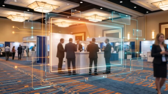 Business people networking at corporate trade show with glowing digital data visualization interface overlay showcasing futuristic connectivity and professional technology integration concepts