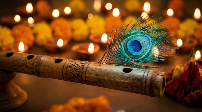 Traditional bamboo flute with peacock feather and glowing oil lamps for Indian festival celebration.