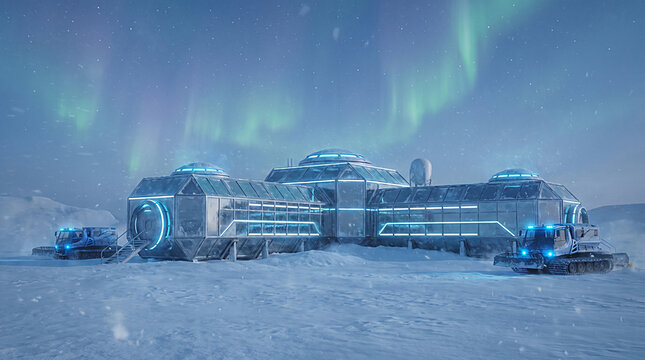 Futuristic Research Station Base with Aurora Borealis in Snowy Arctic Landscape