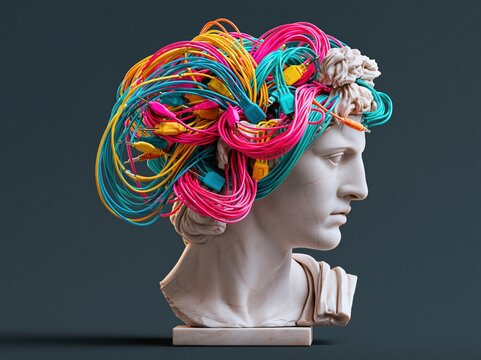 Classical bust adorned with colorful digital cables, symbolizing technology and art fusion